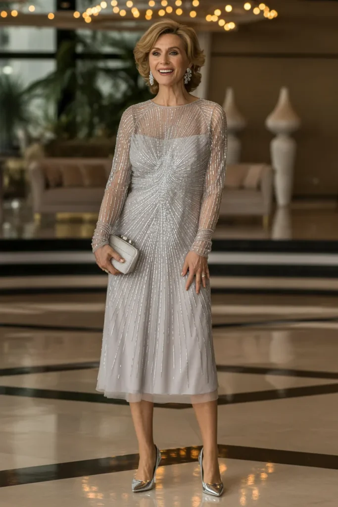 Chic Silver Beaded Midi Dress