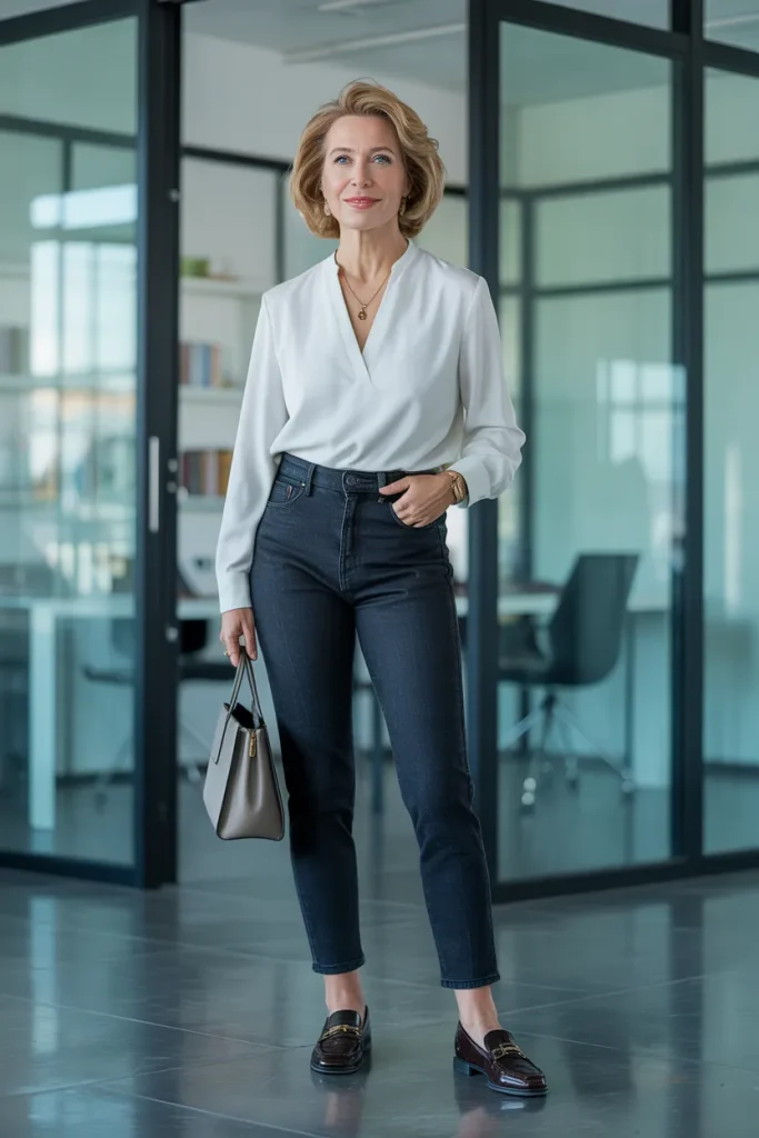 Classic White Blouse with Dark Denim Jeans