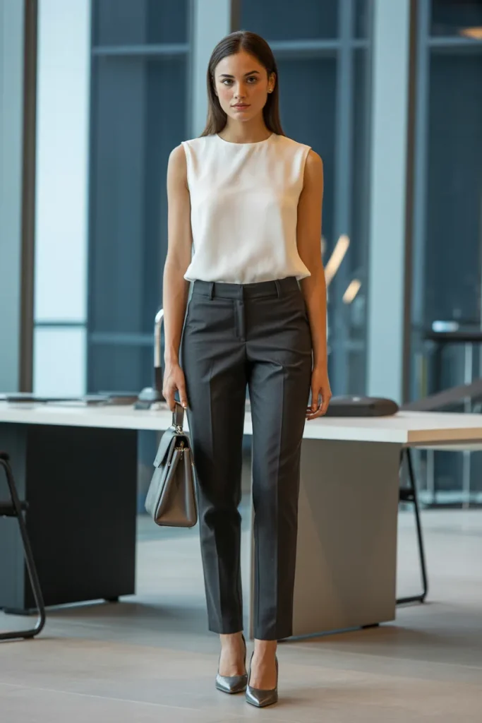 Crew Neck Sleeveless Top with Dress Pants