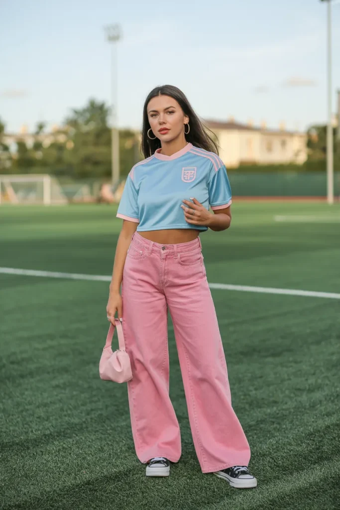 Crop Jersey with Pink Wide Leg Jeans