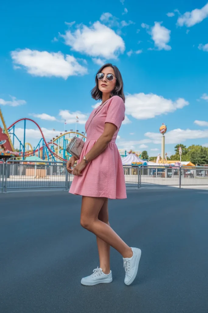 Cute Mini Pink Dress with Sneakers for Theme Park Outfit