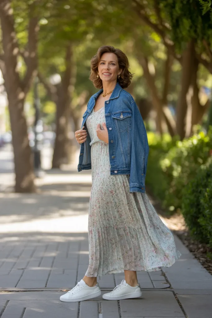 Denim Jacket with Maxi Dress and Sneakers