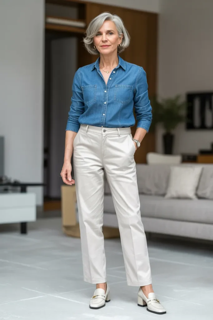 Denim Shirt with White Trousers and Shoes