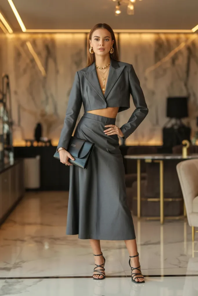 Elegant Crop Blazer Top with Skirt and Strappy Heels