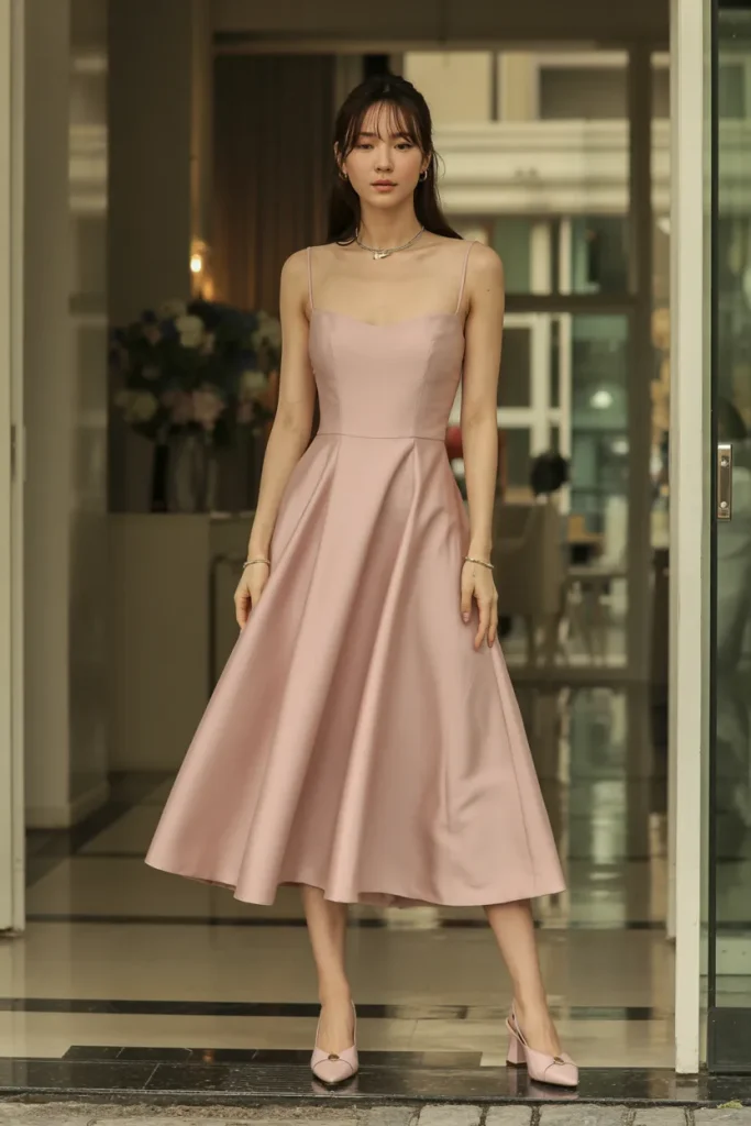 Elegant Midi Dress with Sling Back Heels