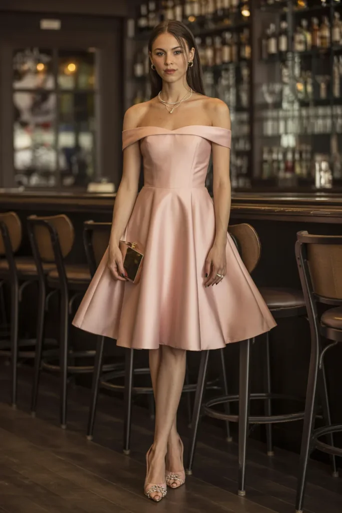 Elegant Off Shoulder Fit and Flare Dress with Heels
