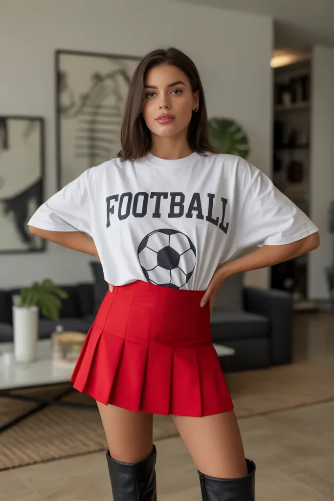 Football T Shirt with Red Skirt and Knee High Boots