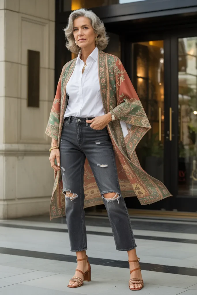 Formal T Shirt with Distressed Jeans Over Printed Boho Style Jacket and Ankle Sandals