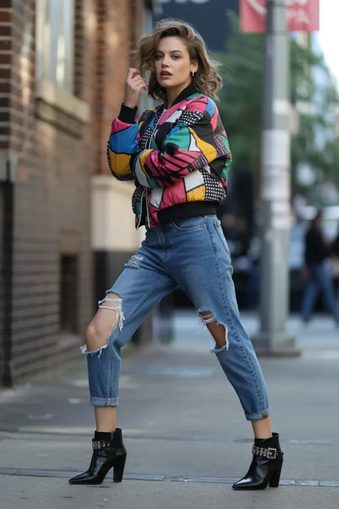 Graphic Jacket with Distressed Jeans and Ankle Boots