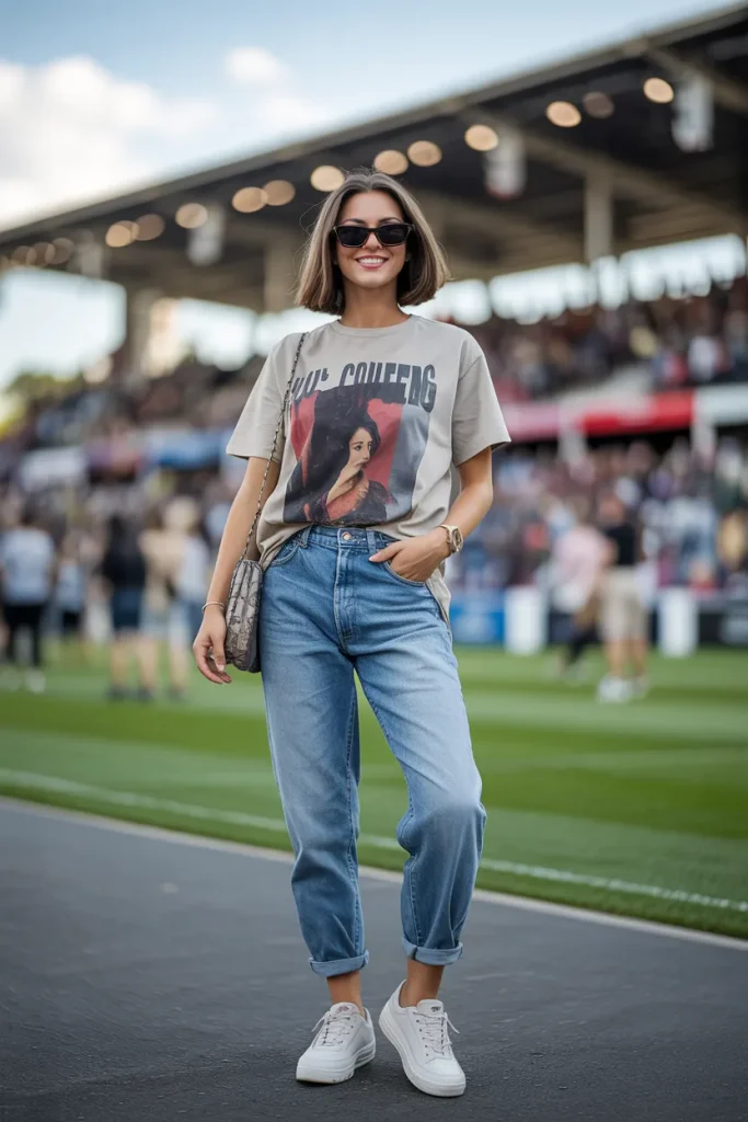 Graphic T Shirt with Boyfriend Jeans and Sneakers