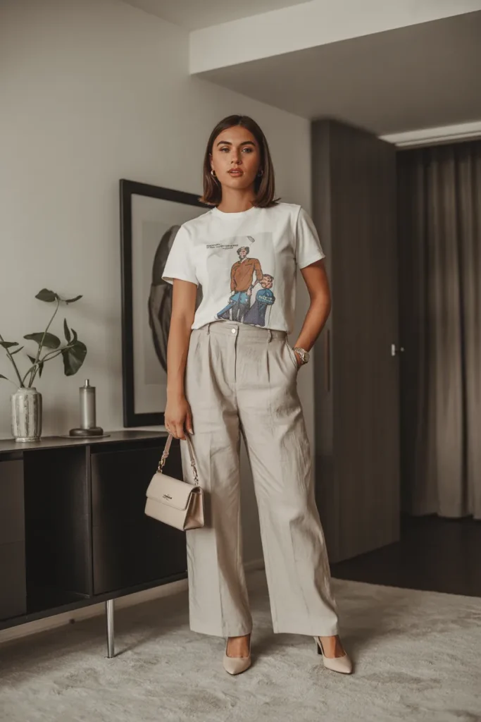 Graphic T Shirt with Formal Linen Pants and Small Premium Handbag