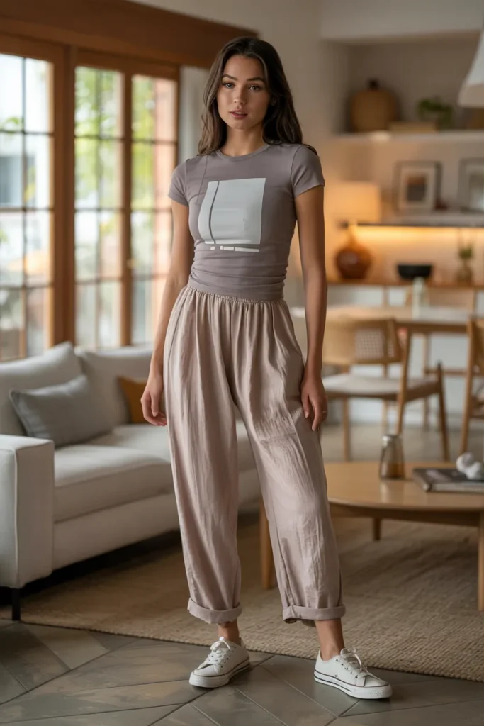 Graphic T Shirt with High Waist Linen Pants