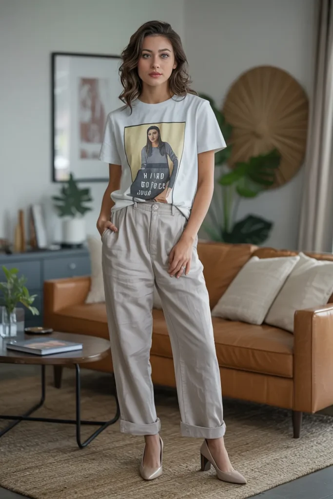 Graphic Tee with Linen Pants and Pumps