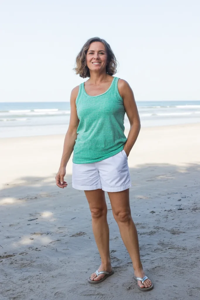 Green Stripe Tank Top with White Shorts and Flip Flops