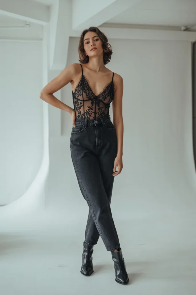 Laced Bodysuit with High Waist Jeans and Ankle Boots