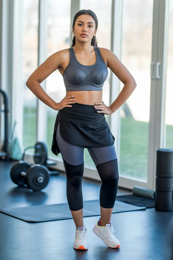 Large Bust Top with Tights Leggings and Workout Shoes