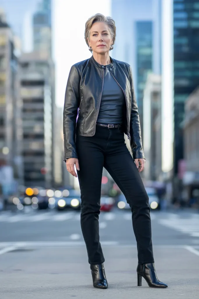 Leather Jacket with Black Jeans and Heeled Ankle Boots