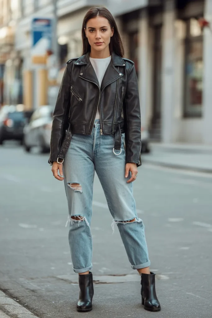 Leather Jacket with Distressed Jean