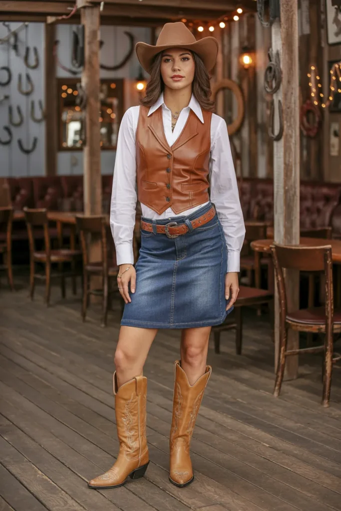 Leather Vest and Denim Skirt