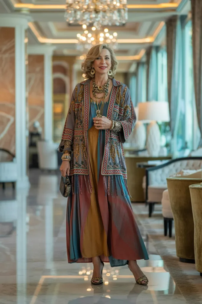 Long Dress Over Boho Style Jacket with Elegant Jewelry