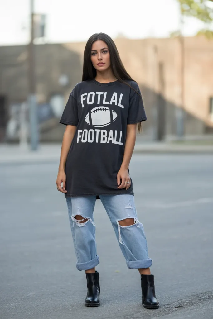 Long Graphic Football Tee with Distressed Jeans and Ankle Boots