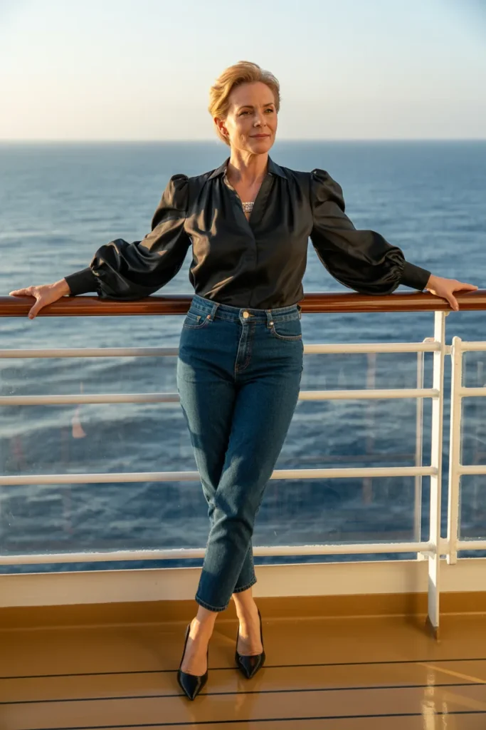 Long Puff Sleeve Black Blouse with Ankle Jeans