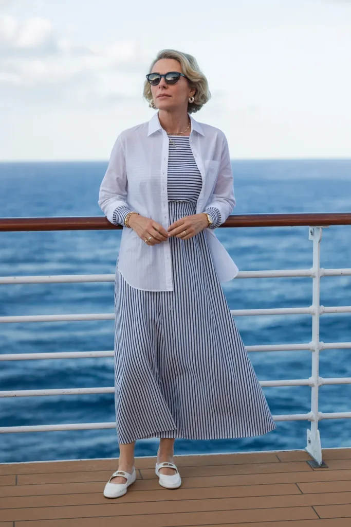 Long Stripe Dress Over White Button Down Shirt