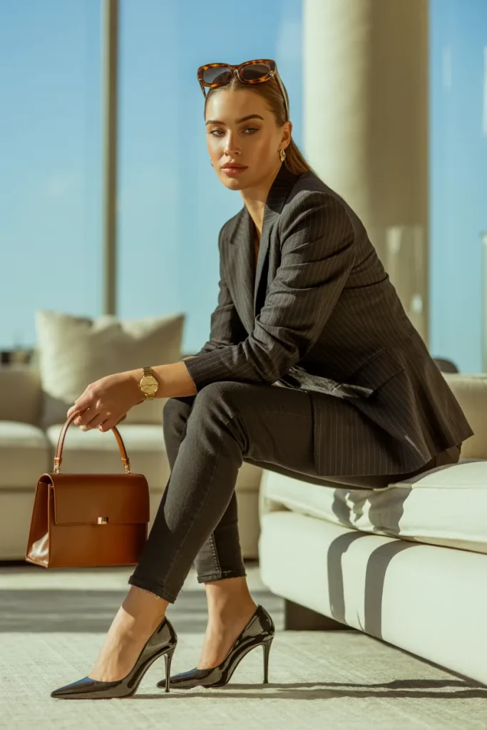Look Wealthy in Blazer with Jeans and Heels