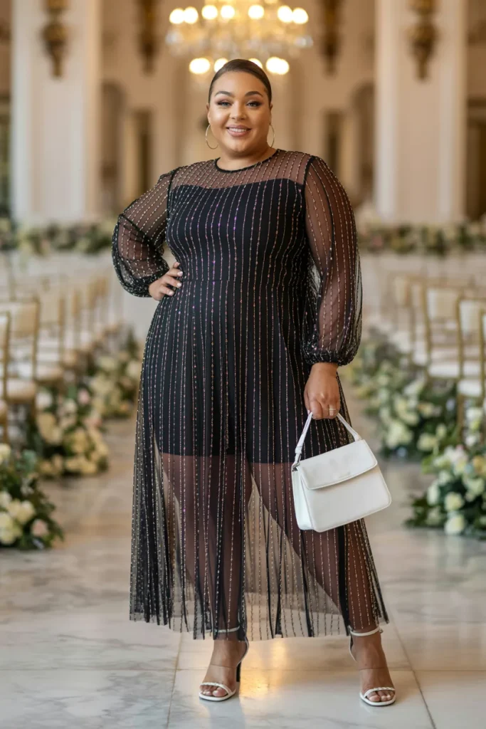 Mesh Dotted Black Dress with Accessories
