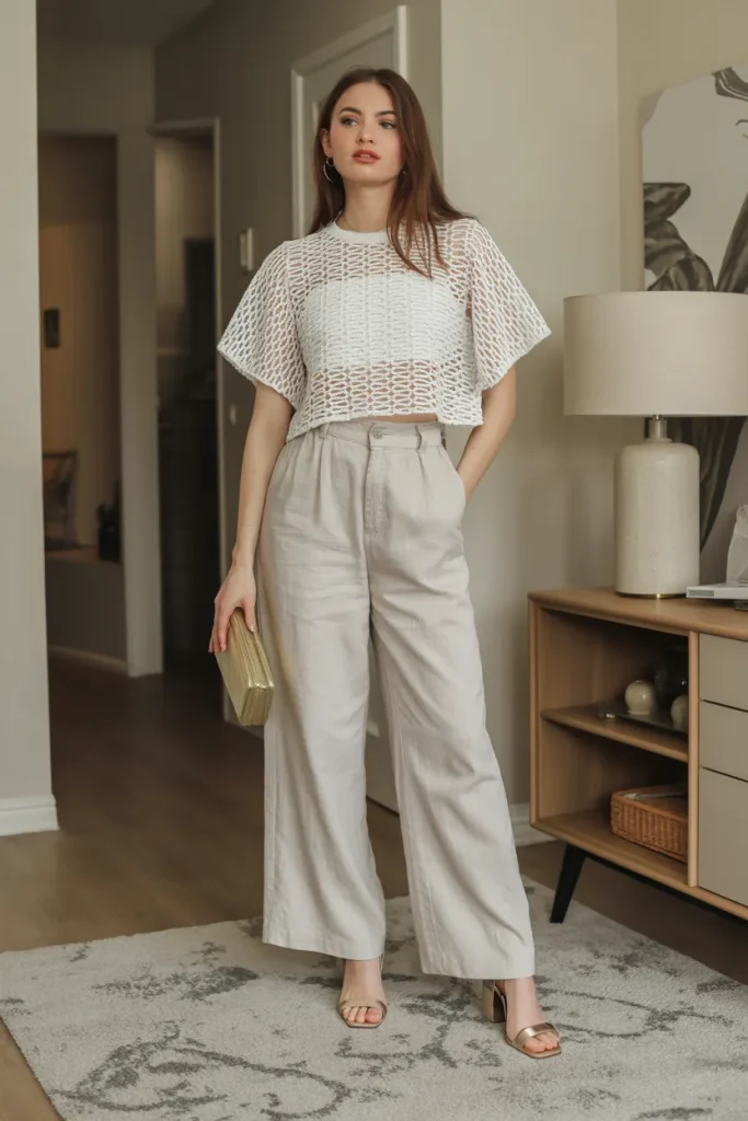 Mesh Flare Top with High Waist Linen Pants