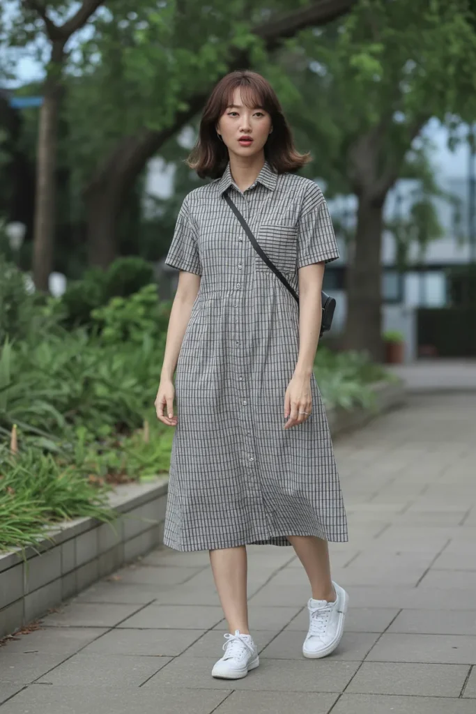 Midi Checks Shirt Dress with Sneakers
