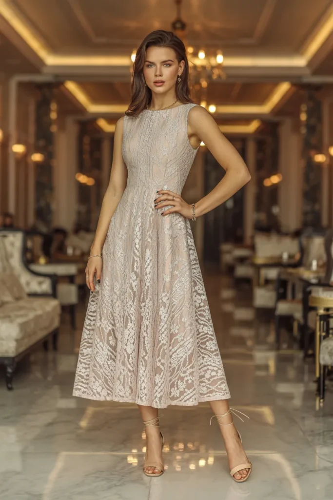 Midi Fit and Flare Lace Dress with Strappy Sandals
