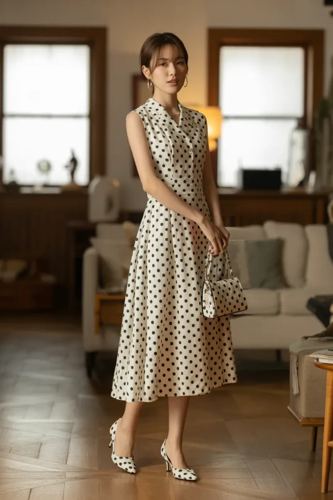 Midi Polka Dot Dress with Ankle Heels
