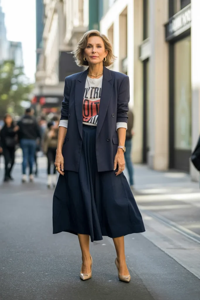 Midi Skirt with Graphic Tee and Blazer