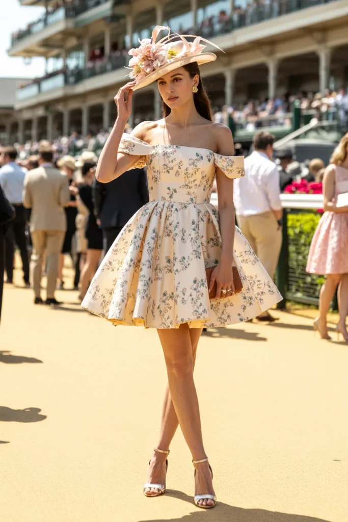 Mini Off-Shoulder Flower Printed Dress with Ankle Heels