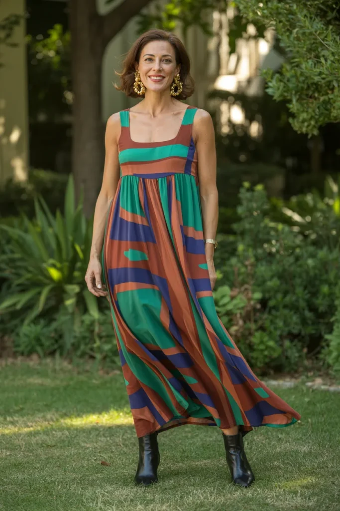 Multi Color Square Neck Maxi Dress with Ankle Boots