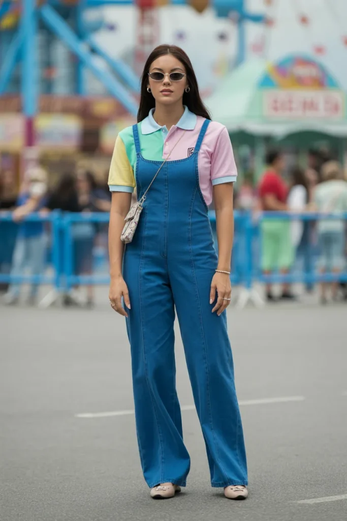 Multi Colored Polo T shirt with Denim Dungaree and Flats