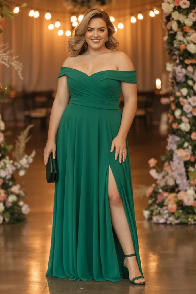 Off Shoulder Green Slit Dress