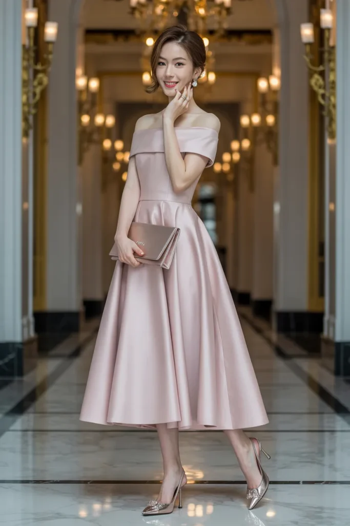Off Shoulder Midi A line Dress with Clutch and Sling Back Pumps