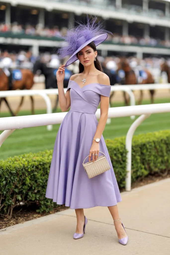 Off Shoulder Midi Dress with Derby Style Hat for Women
