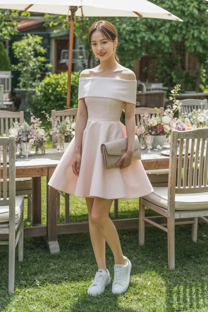 Off Shoulder Mini Dress with Sneakers and Clutch