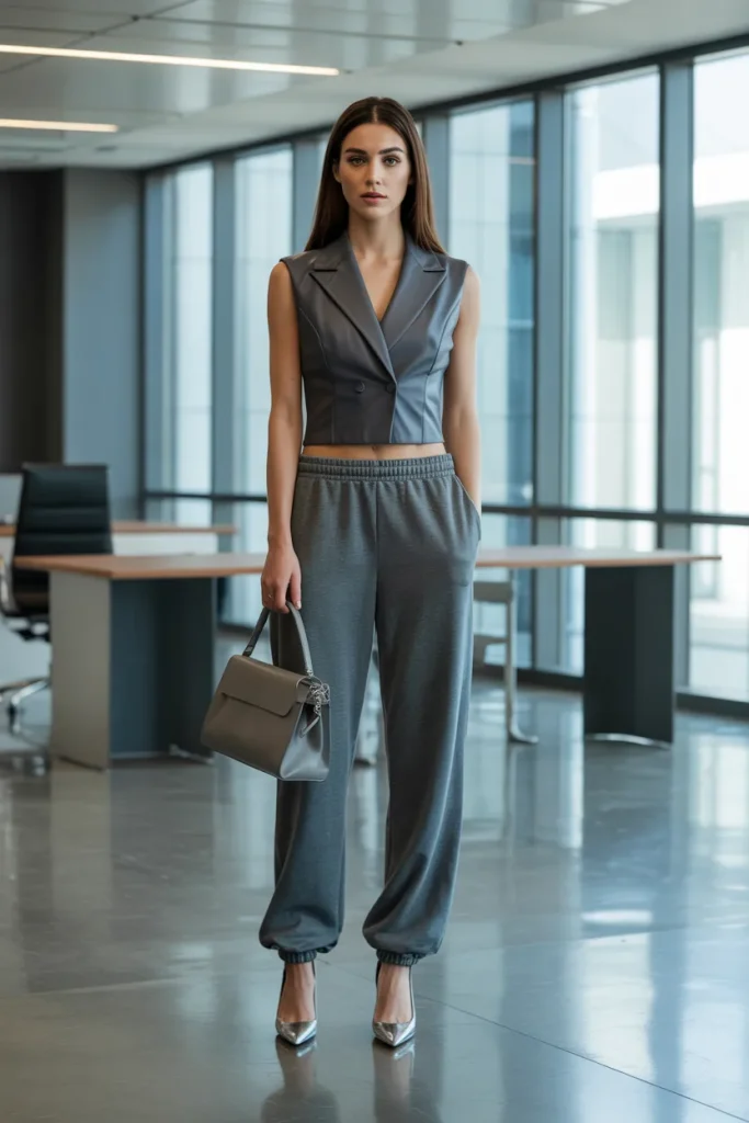 Office Style Crop Top with Sweatpants