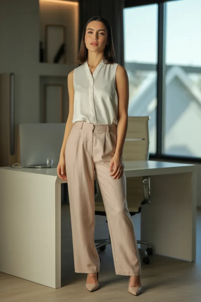 Office Wear Outfit with Sleeveless Top and Straight Linen Pants