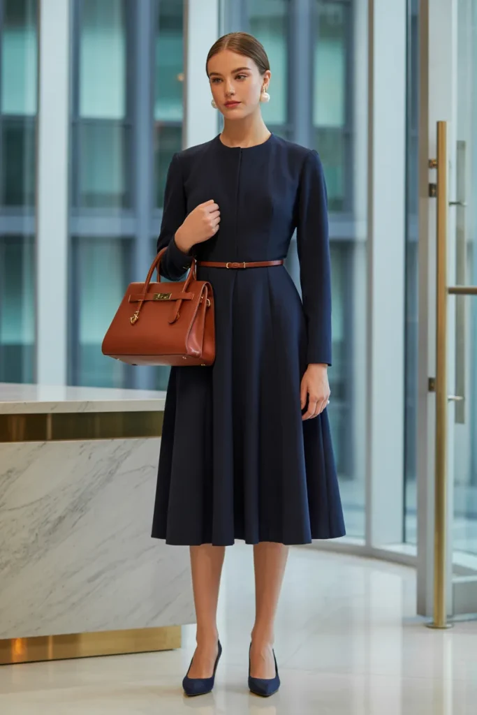 Old Money Style Skinny Midi Dress with Belt and Formal Handbag