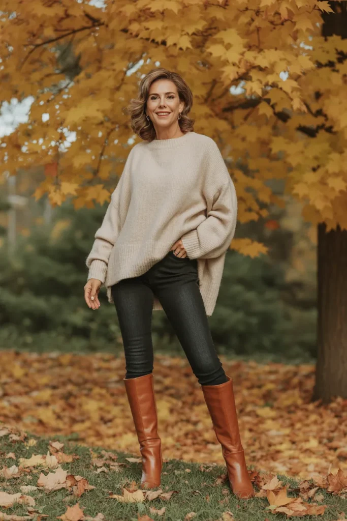 Oversized Sweater with Skinny Jeans and Knee-High Boots