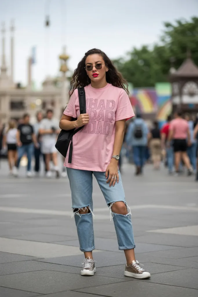 Pink Printed T shirt with Distressed Jeans or Shorts and Sneakers