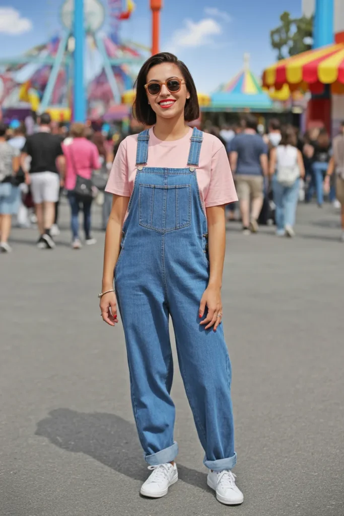 Pink T shirt Over Denim Dungaree with Sunglasses