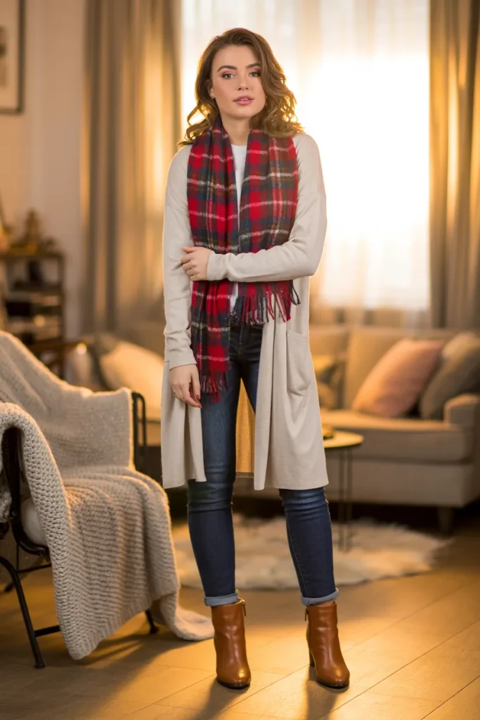 Plaid Scarf with a Longline Cardigan