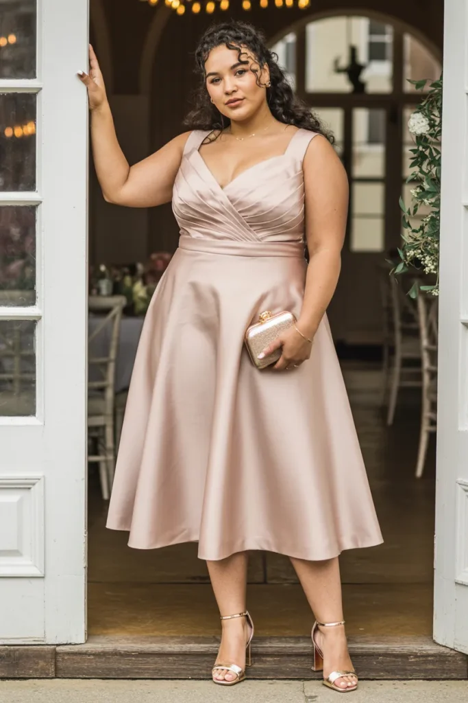 Plus Size Bridesmaid Dress with Heel Sandals and Small Clutch