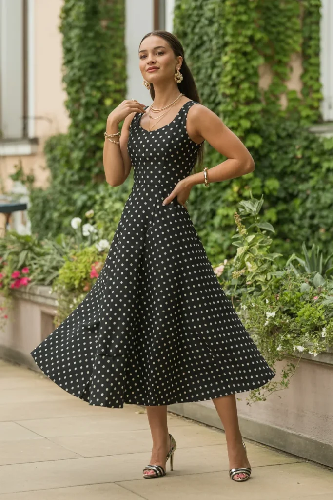 Polka Dot Long Fit and Flare Dress with Elegant Jewelry